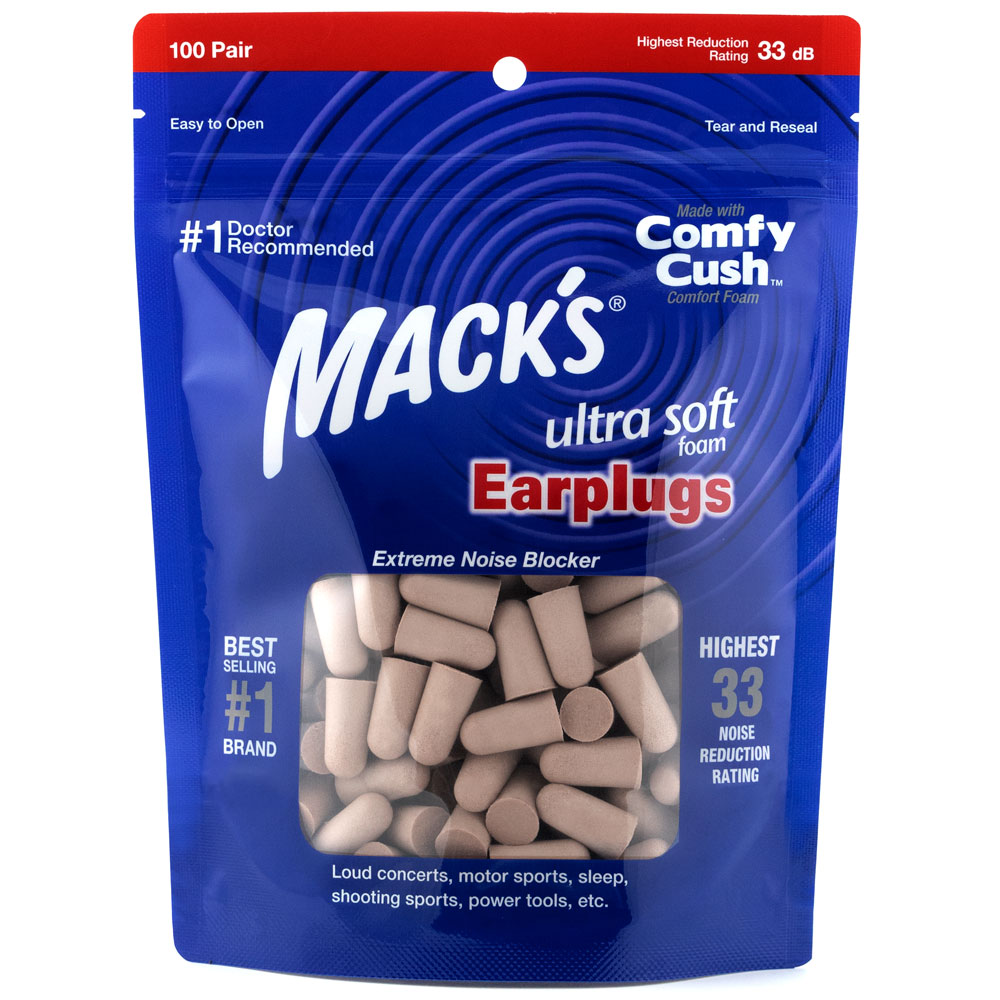 Mack's Earplugs 100-pair pouch holding Mack's Ultra Soft Foam Comfy Cush comfortable noise cancelling ear plugs