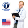 a doctor smiling next to an american flag showing the #1 doctor recommended Earplugs brand Macks ear plugs showcasing MADE IN the USA