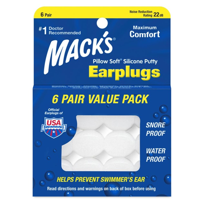 Blue box of Macks earplugs 6 pair pillow soft silicone putty ear plugs