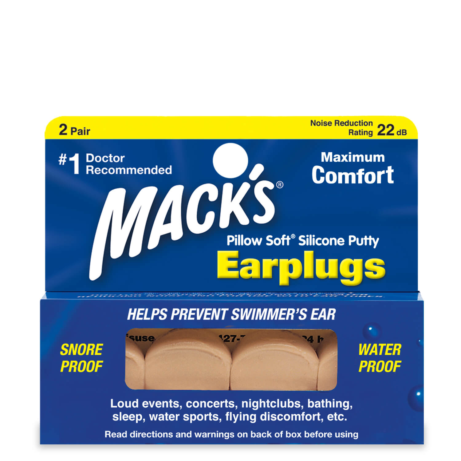 White 2 Pairs Each Macks Pillow Soft Silicone Ear Plugs 3 Pack 