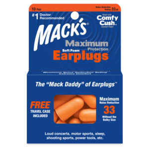 Mack's Maximum Protection Soft Foam Earplugs. 10 pair package of orange earplugs. 