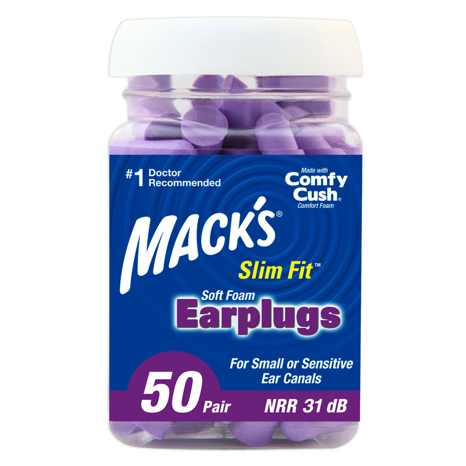 slim fit noise cancelling soft foam ear plugs for smaller ear canals in purple 50 pair jar