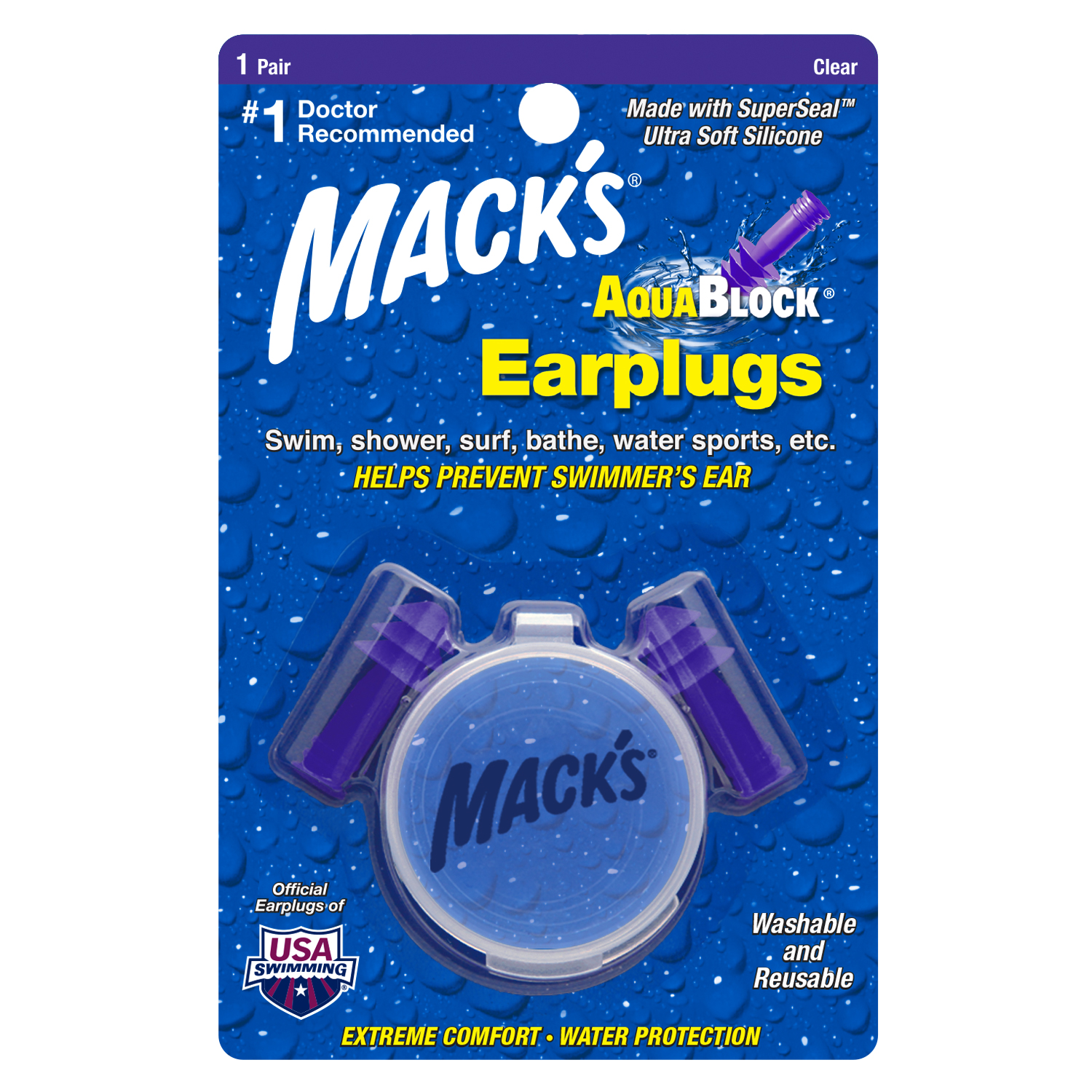 Mack's AquaBlock Swimming Earplugs - Comfortable, Waterproof, Reusable Silicone Ear Plugs for Swimming, Snorkeling, Showering, Surfing, Bathing, and Water Sports - #1 Doctor Recommended