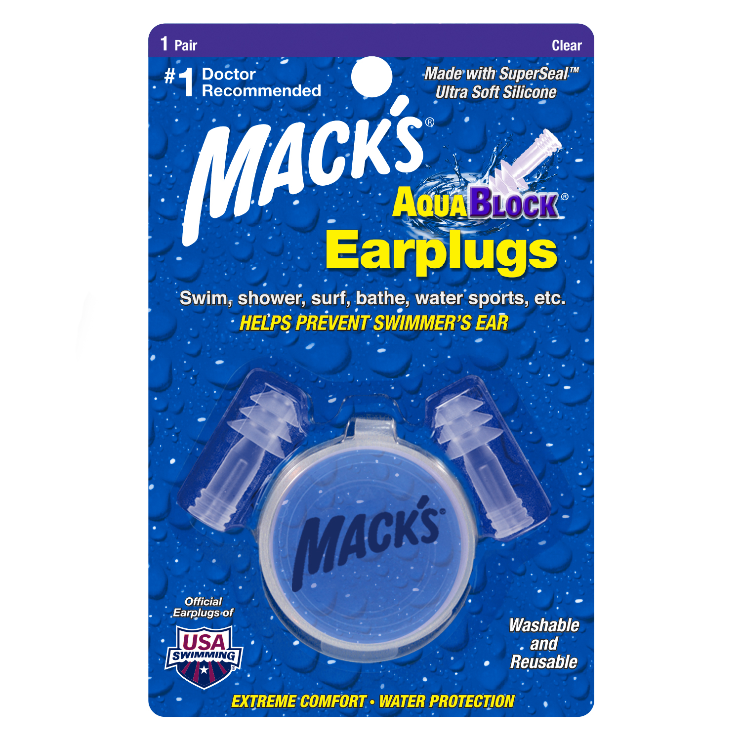 Mack's AquaBlock Swimming Earplugs - Comfortable, Waterproof, Reusable Silicone Ear Plugs for Swimming, Snorkeling, Showering, Surfing, Bathing, and Water Sports - #1 Doctor Recommended