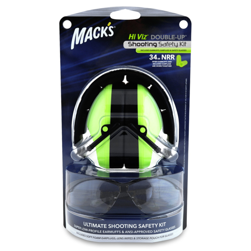 Macks hi viz double up shooting earmuffs 34 db NRR best ear muffs soft foam ear plugs