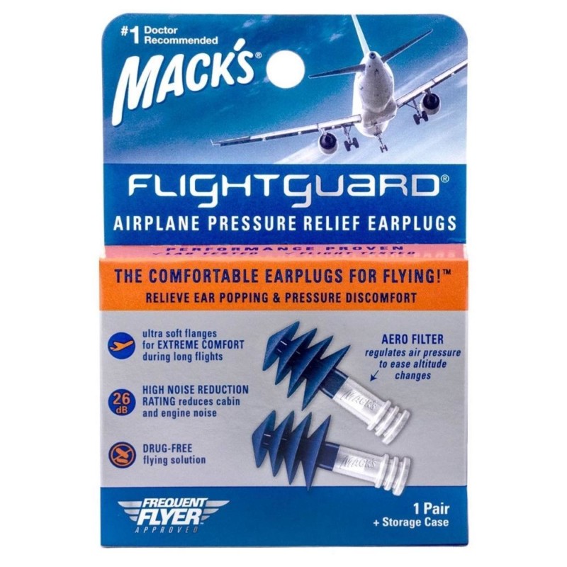 Mack's flightguard ear plugs to help relieve airplane pressure when traveling or flying