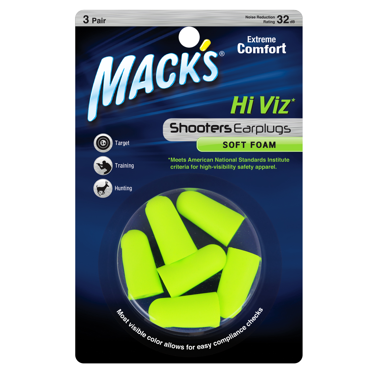 Mack's Shooters HI VIZ Soft Foam Earplugs Green 7-Pair with Case #4287 