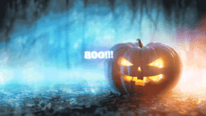A Halloween GIF from Mack's Ear Plugs that reads, "BOO!! Block out scary and spooky sounds with Mack's Black Out Earplugs." There are jack-o-lanterns in the background.