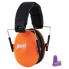 Orange Kids earmuffs with 1 pair of purple kids earplugs