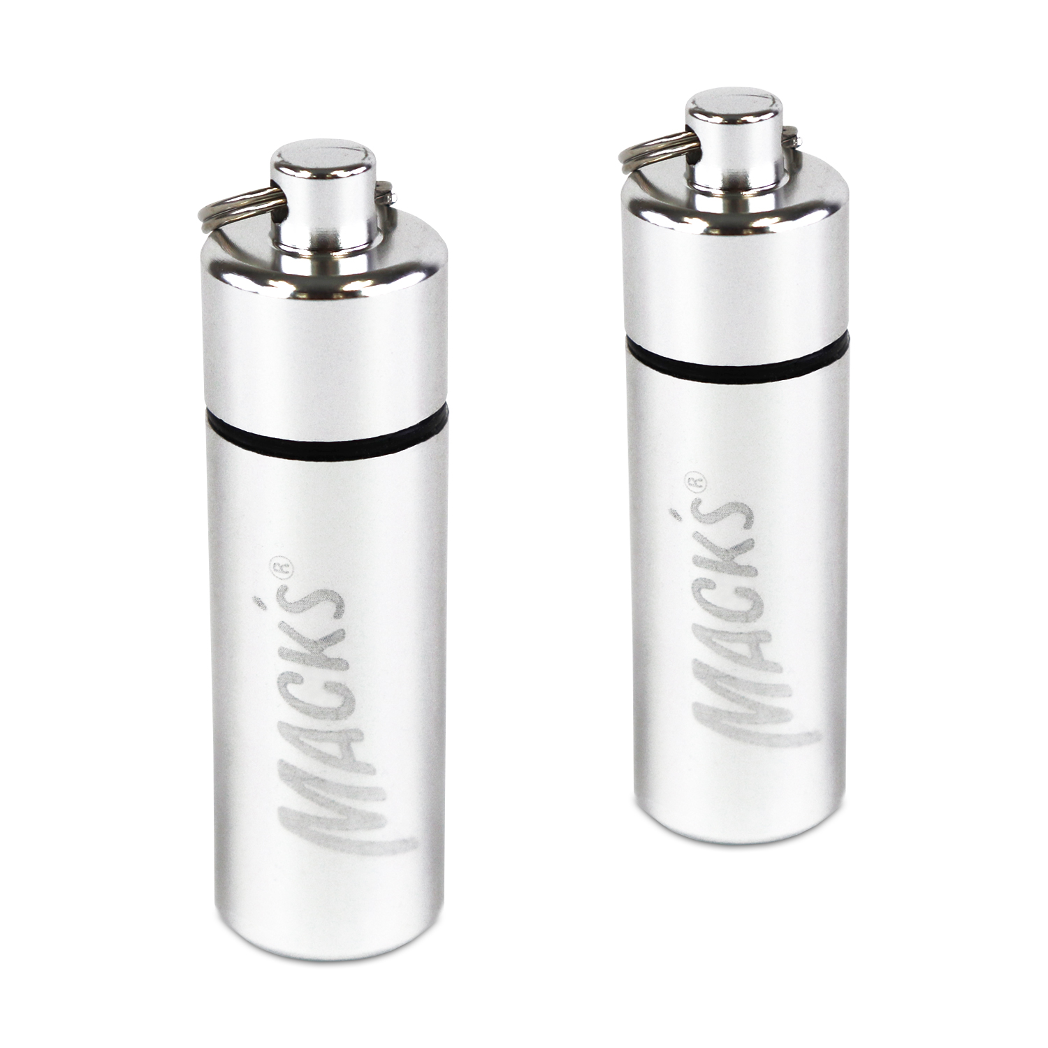 Mack’s Keychain Carrying Case, Aluminum, Waterproof Ear Plugs Holder – 2 Pack (Silver)