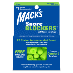 Mack's Snore Blockers Soft Foam Ear Plugs. 12 pair package of green earplugs with a free travel case included. 