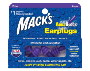 Mack's Aqua Block Earplugs. 2 pair package of purple earplugs.