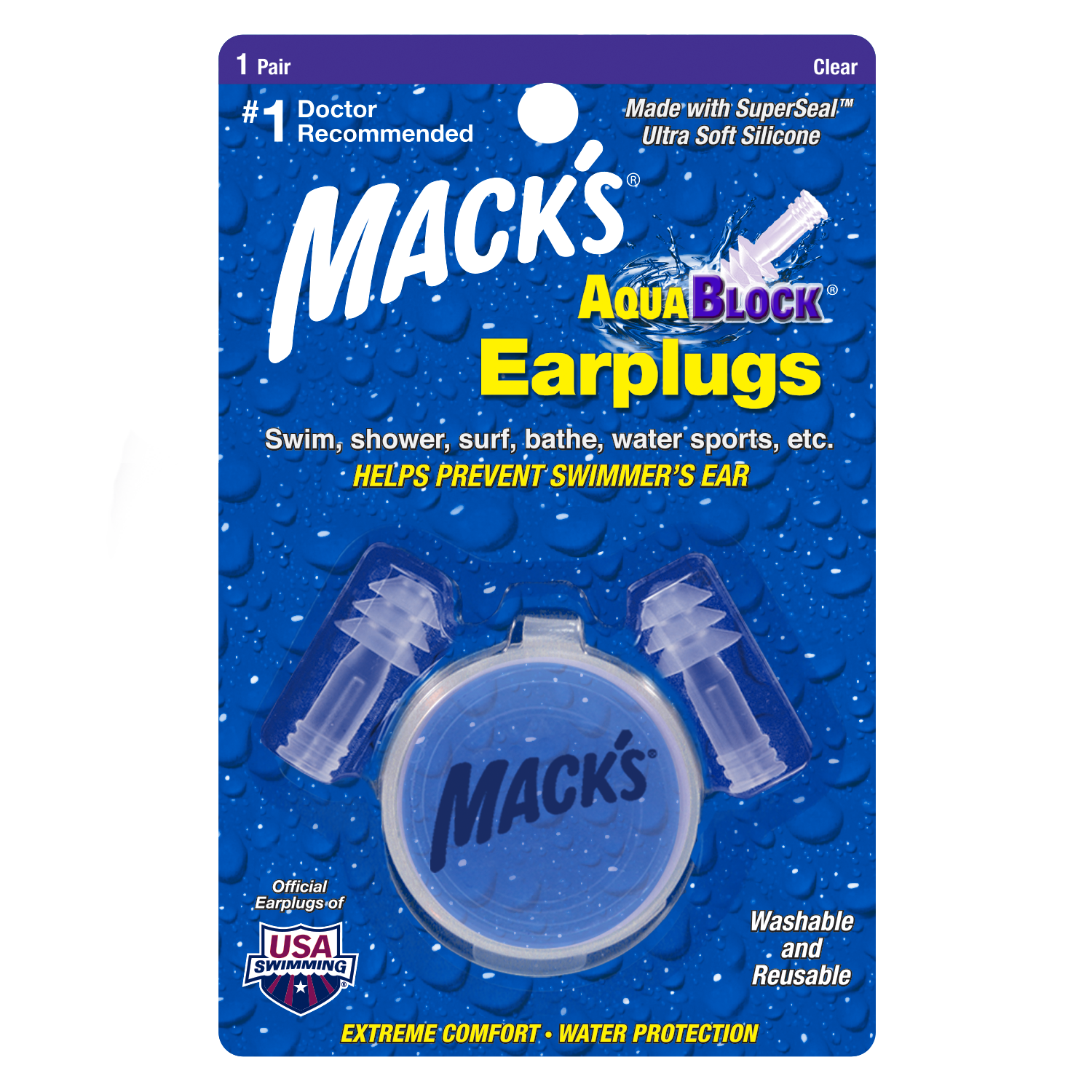 Mack's AquaBlock Swimming Earplugs - Comfortable, Waterproof, Reusable Silicone Ear Plugs for Swimming, Snorkeling, Showering, Surfing, Bathing, and Water Sports - #1 Doctor Recommended