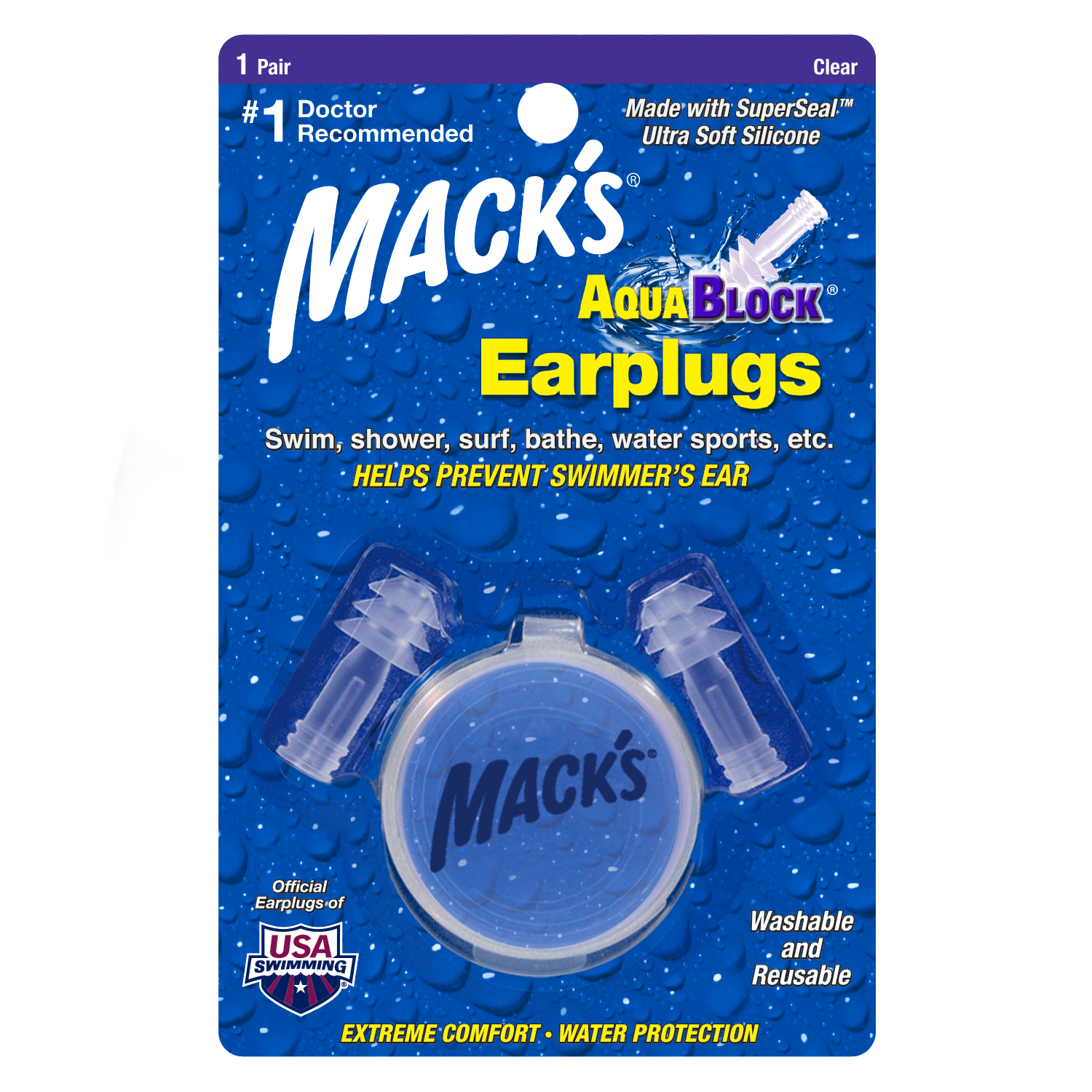 Mack's AquaBlock Swimming Earplugs - Comfortable, Waterproof, Reusable Silicone Ear Plugs for Swimming, Snorkeling, Showering, Surfing, Bathing, and Water Sports - #1 Doctor Recommended