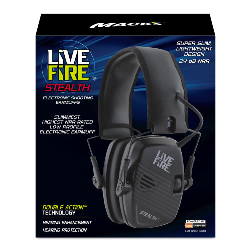 macks live fire stealth electronic shooting earmuffs best ear muffs for shooting wireless bluetooth technology ambient sound amplification auto noise compression omnidirectional microphones slim low profile high NRR batteries included