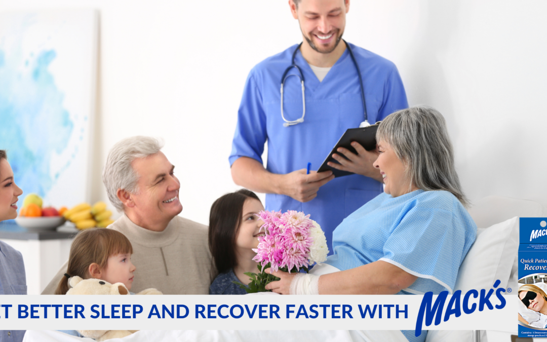 Older woman blocking out noisy hospital using Mack’s® Quick Patient Recovery Sleep Mask and Best Ear plugs for Sleeping