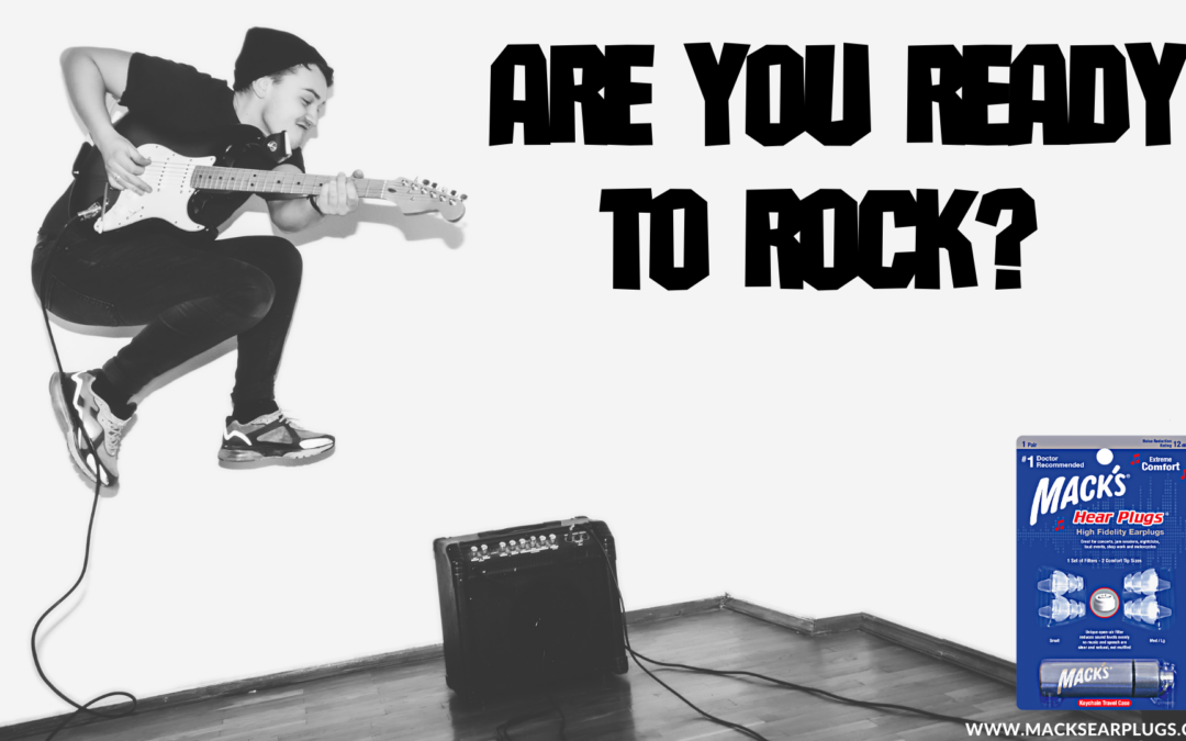 Teenager jumping in air with guitar and words "Ready to Rock" above a guitar amp next to package of Mack's high fidelity musician ear plugs