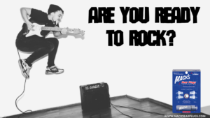 Teenager jumping in air with guitar and words "Ready to Rock" above a guitar amp next to package of Mack's high fidelity musician ear plugs