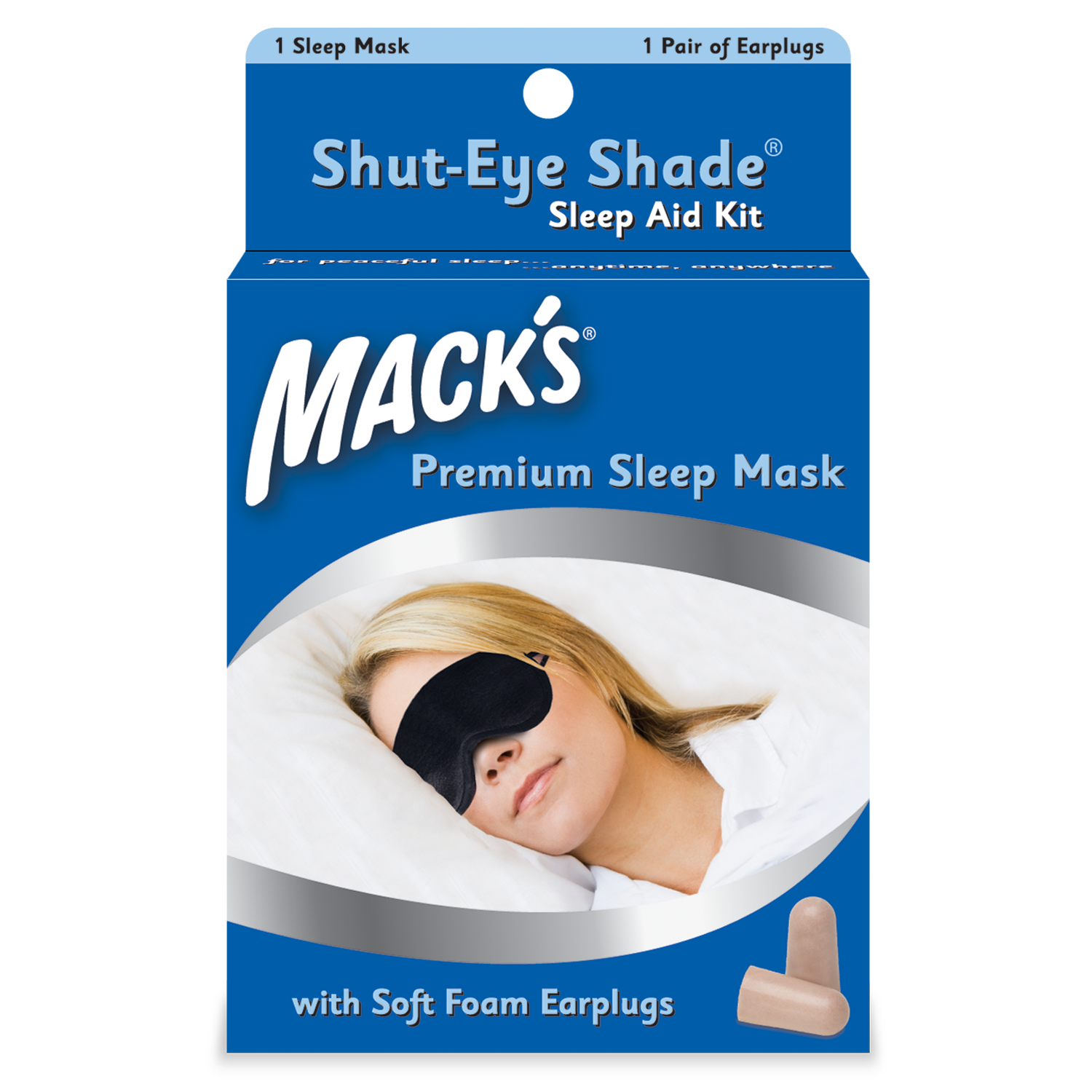 Shut-Eye Shade® Premium Sleep Mask with Mack’s® Soft Foam Earplugs and storage pouch