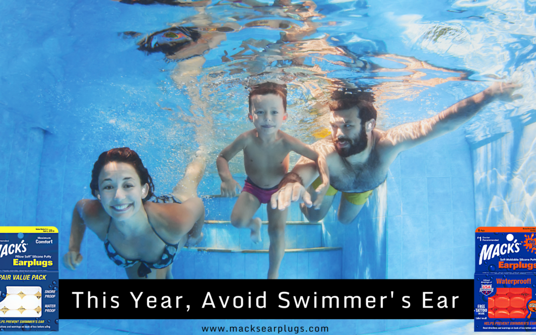 family swimming underwater wearing Mack's Waterproof earplugs to prevent swim ear