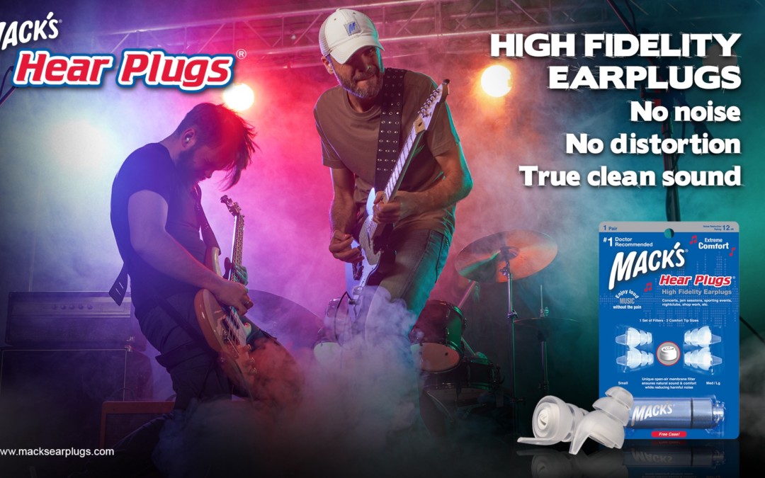 Guys playing loud guitar protecting their ears with Mack's high fidelity hear plugs musician ear plugs