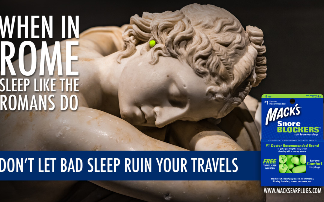 a roman statue sleeping with macks snore blockers ear plugs in ears to symbolize better sleep habits when traveling