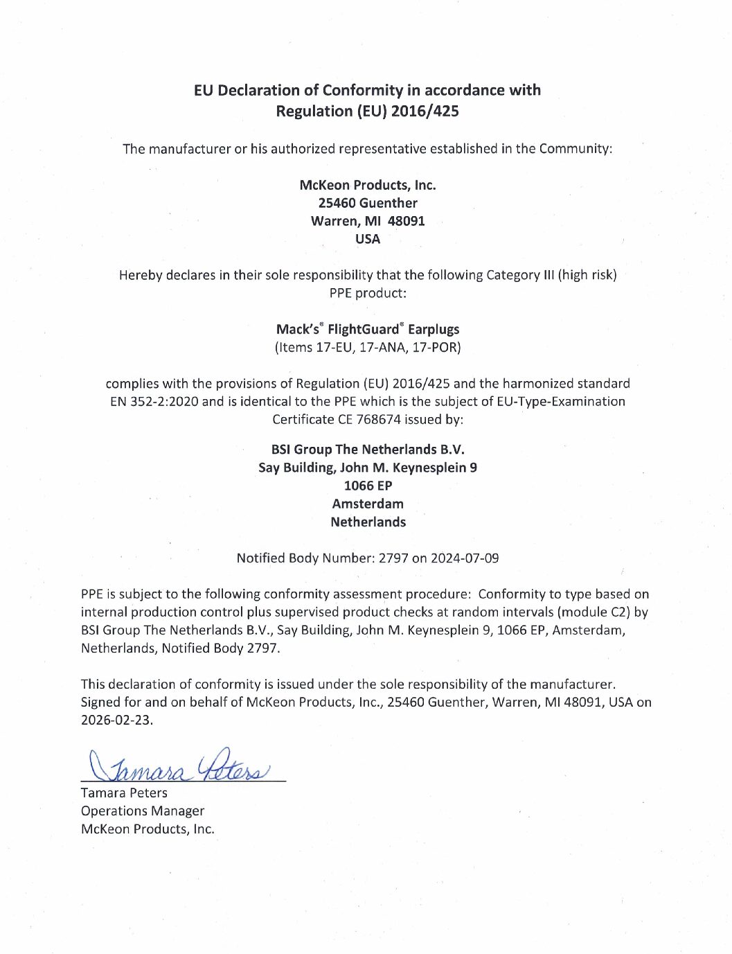 Mack's FlightGuard Earplugs Regualtion (EU) 2016/425 Declaration of Confomity