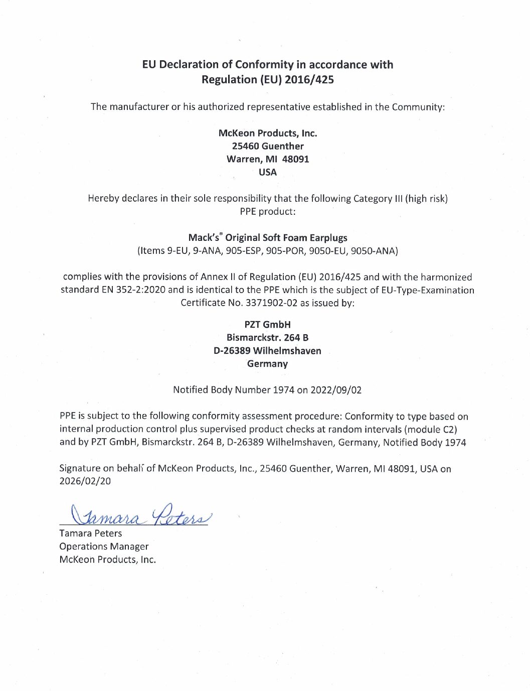 Mack's Original Soft Foam Earplugs EC Regualtion 2016/425 Declaration of Confomity