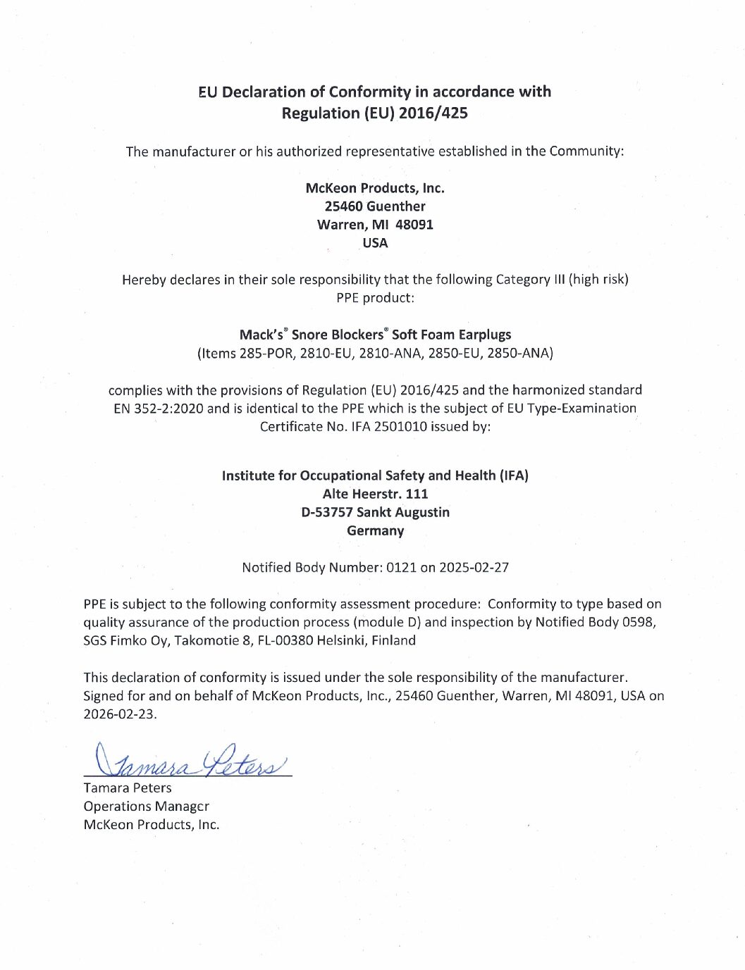 Mack's Ear Seals Earplugs Regualtion (EU) 2016/425 Declaration of Confomity